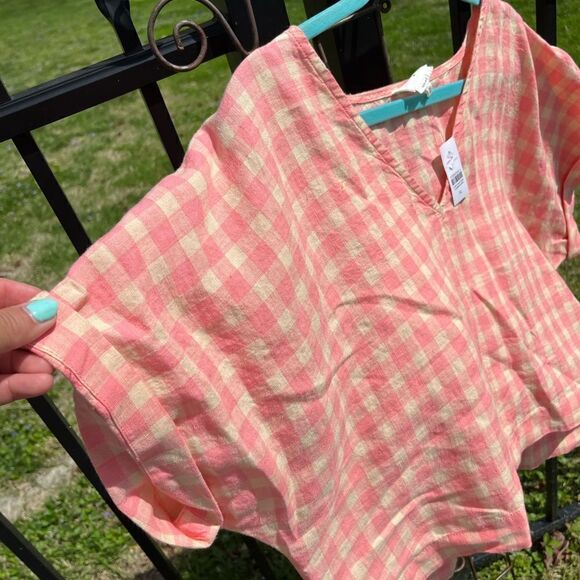 Lou & Grey Linen Gingham V-neck Top NWT - Picture 4 of 5
